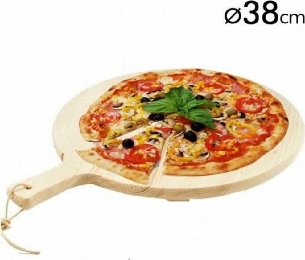 TAGLIERE PER PIZZA ROTONDO 38 CM IN LEGNO DI ABETE CON MANICO AFFETTATI CUCINA