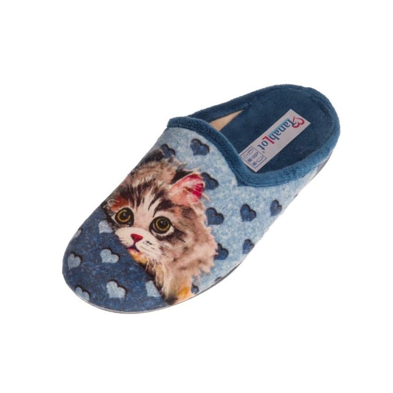 TanahLot-pantofole-ciabatte-donna-immagine-gatto-in-tessuto-Azzurro-e-sottopiede-estraibile