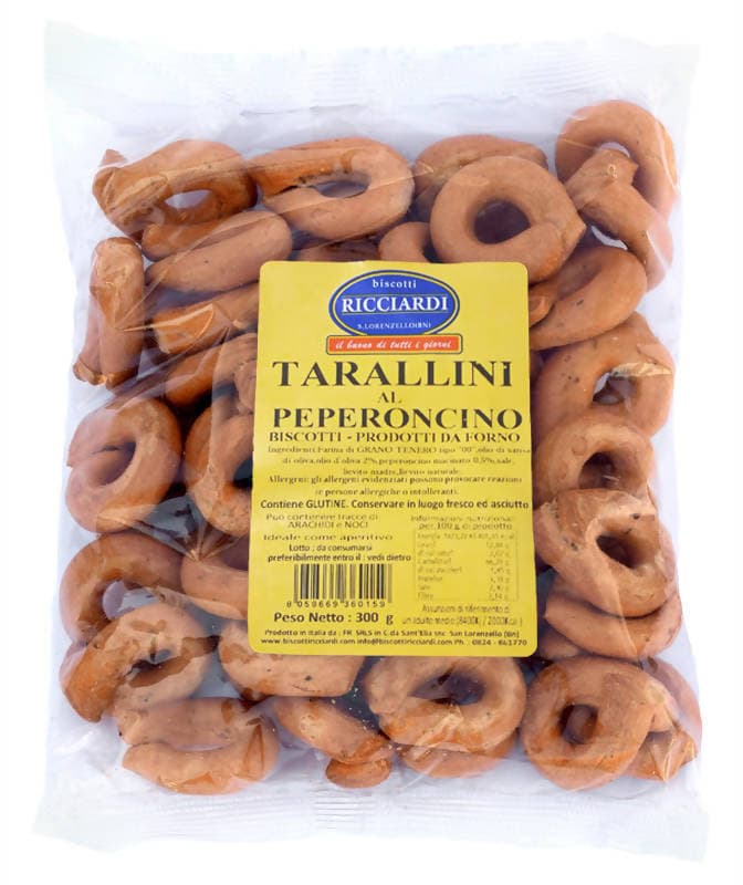 Tarallini Al Peperoncino Artigianali Italiani 300gr. Tarallini fatti a mano in Italia al Peperoncino Biscotti Ricciardi in Grissini taralli e fette biscottate Biscotti Ricciardi - San Lorenzello, commercioVirtuoso.it