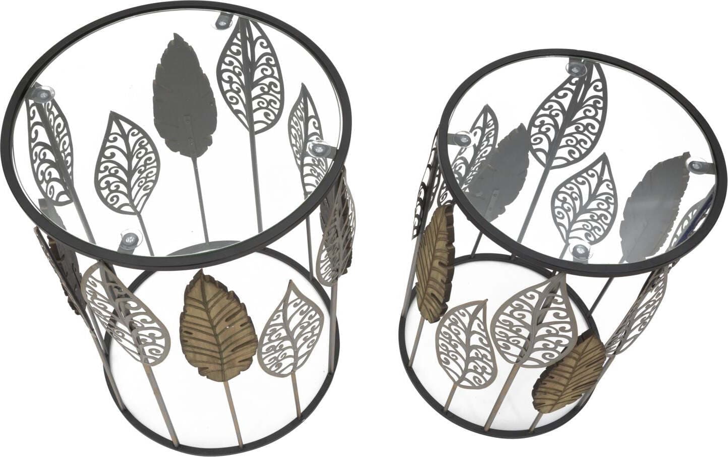Tavolinetti-In-Ferro-E-Legno-Foglie-Coppia-Cm-38X55-33X50