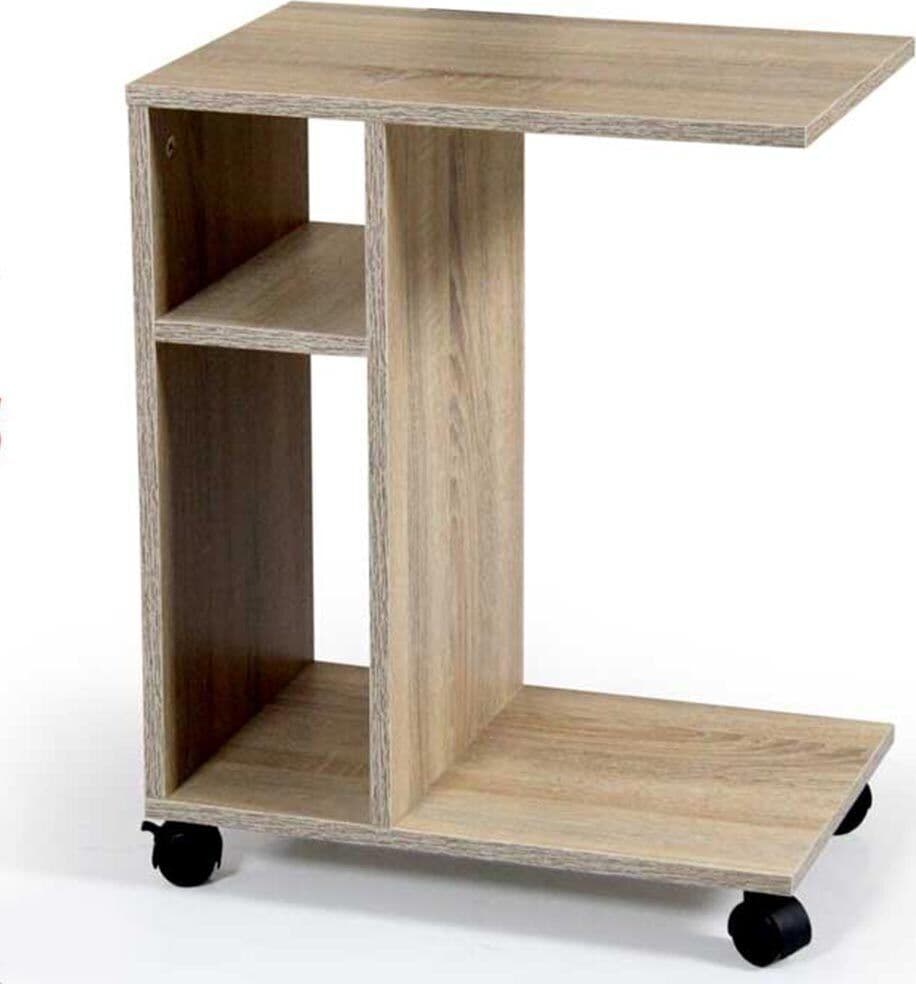 Tavolino-da-Caffe-Porta-Pc-Laterale-Divano-Letto-con-Libreria-e-Ruote-Quercia