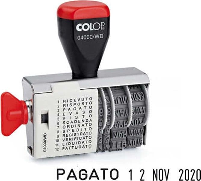 Timbro 04000-WD datario + Polinomio - 12 diciture 4 mm - Colop Cancelleria e prodotti per ufficio/Archivio ufficio e accessori per scrivania/Etichette divisori per schedario e timbri/Timbri e materiali per timbri/Timbri Eurocartuccia - Pavullo, Commerciovirtuoso.it