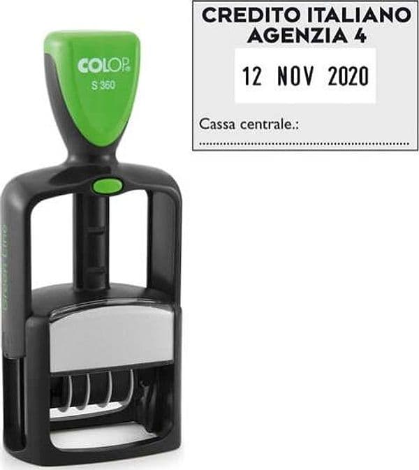 Timbro Datario Office S 360 - autoinchiostrante - personalizzabile - 30x45 mm - Colop Cancelleria e prodotti per ufficio/Archivio ufficio e accessori per scrivania/Etichette divisori per schedario e timbri/Timbri e materiali per timbri/Timbri Eurocartuccia - Pavullo, Commerciovirtuoso.it
