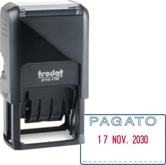Timbro Printy 4750-L autoinchiostrante - DATA + PAGATO - 41x24 mm - 4 mm - bicolore - Trodat Cancelleria e prodotti per ufficio/Archivio ufficio e accessori per scrivania/Etichette divisori per schedario e timbri/Timbri e materiali per timbri/Timbri Eurocartuccia - Pavullo, Commerciovirtuoso.it