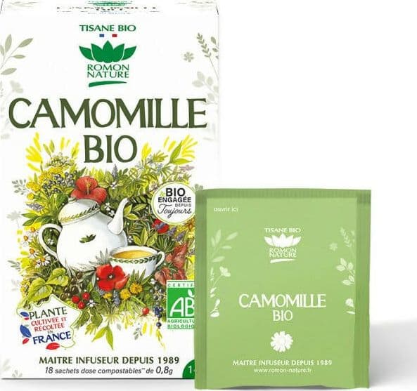 Tisana Bio alla Camomilla Biologica Romon Nature - 18 bustine Riscopri il sapore classico della Camomilla! Viene coltivato, raccolto e selezionato esclusivamente in Francia. Dolce, leggera e confortante,