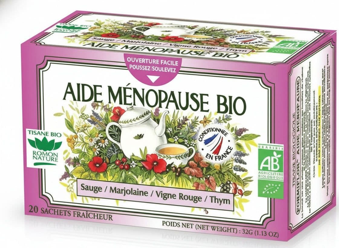 Tisana menopausa bio - 20 buste -Romon nature. infuso formulato con salvia, melissa, timo e vite rossa. la salvia aiuta a ridurre la sudorazione notturna x il benessere durante la menopausa e sostiene la circolazione