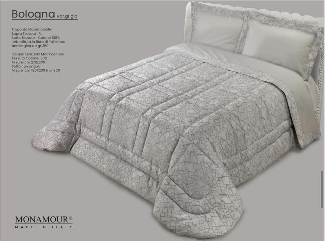 Trapunta matrimoniale invernale Mon Amour art. Bologna Sopra tessuto: PL Sotto tessuto: cotone 100% imbottitura in fibra di poliestere anallergica da gr.350 Casa e cucina/Tessili per la casa/Biancheria da letto/Coperte e trapunte/Trapunte Biancheria Arredo Home - Nola, Commerciovirtuoso.it
