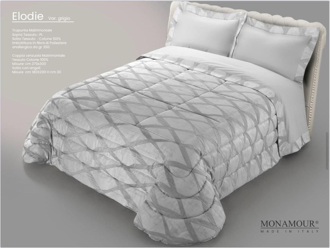 Trapunta matrimoniale invernale Mon Amour art. Elodie Sopra tessuto: PL Sotto tessuto: cotone 100% imbottitura in fibra di poliestere anallergica da gr.350 Casa e cucina/Tessili per la casa/Biancheria da letto/Coperte e trapunte/Trapunte Biancheria Arredo Home - Nola, Commerciovirtuoso.it