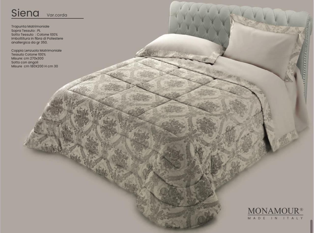 Trapunta matrimoniale invernale Mon Amour art. Siena Sopra tessuto: PL Sotto tessuto: cotone 100% imbottitura in fibra di poliestere anallergica da gr.350 Casa e cucina/Tessili per la casa/Biancheria da letto/Coperte e trapunte/Trapunte Biancheria Arredo Home - Nola, Commerciovirtuoso.it