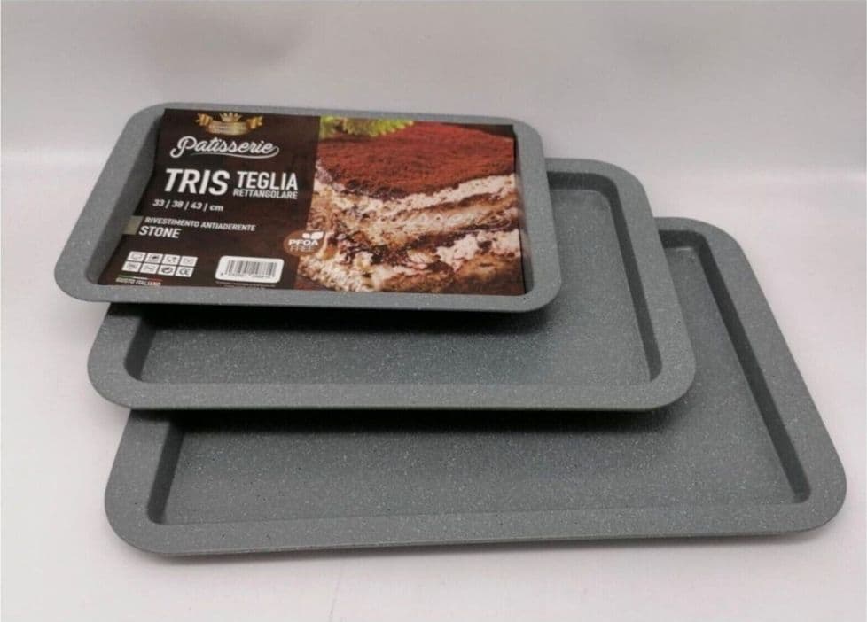 TRIS 3 TEGLIE RETTANGOLARI ANTIADERENTI RIVESTIMENTO STONE 33/38/43 CM DA FORNO in Teglie per biscotti Trade Shop italia - Napoli, commercioVirtuoso.it