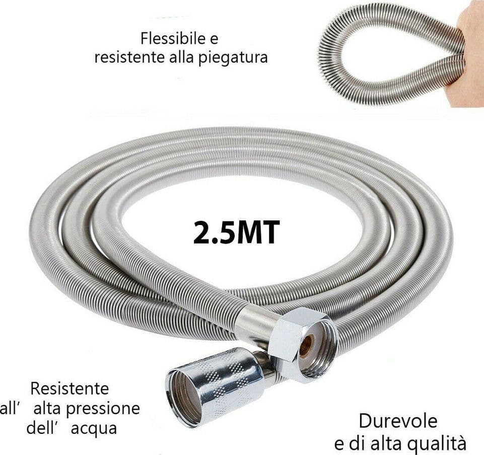 Tubo-Flessibile-Soffione-Doccino-Per-Doccia-Vasca-Bagno-2.5mt-In-Acciaio-Cromato