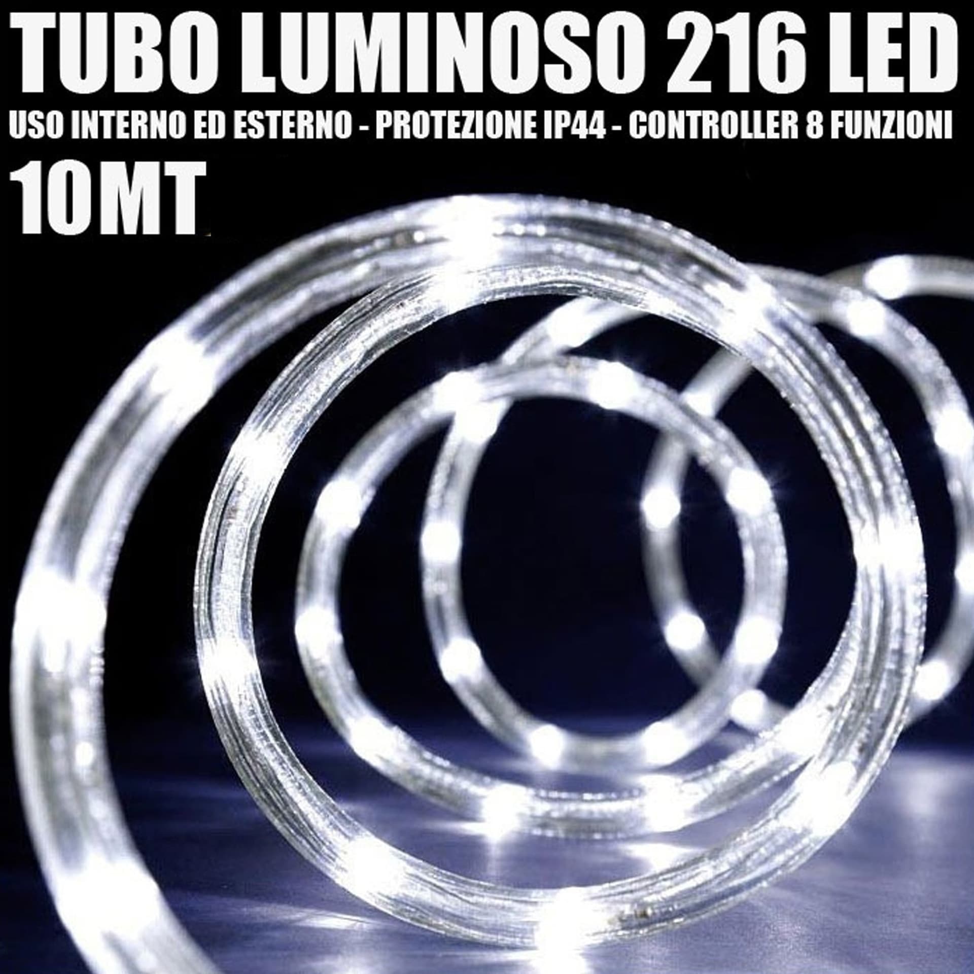 Tubo-Luminoso-216-Led-Bianco-Freddo-10-Mt-3vie-Uso-Interno/esterno-+-Controller