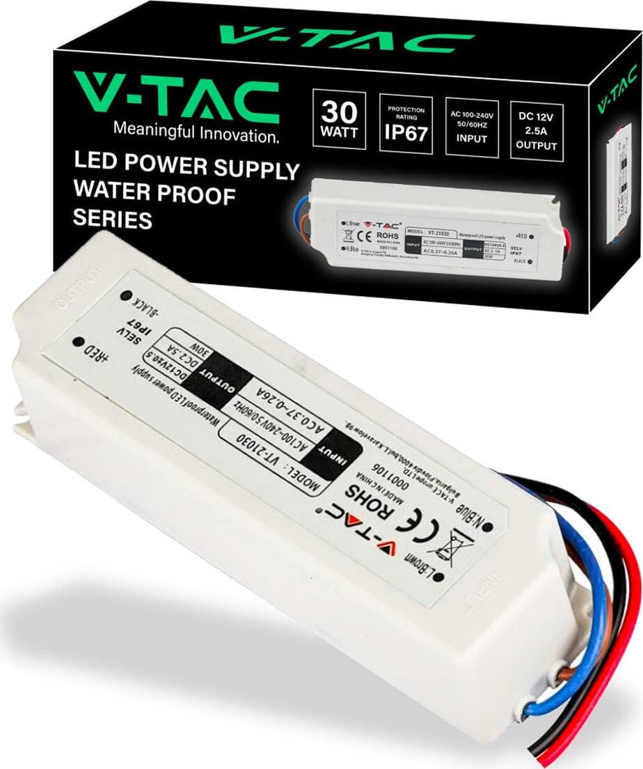 V-TAC Alimentatore 12V 30W 2,5A per Strisce LED e altri Dispositivi Elettronici Input AC 100-240V 50/60Hz IP67 da Esterno Waterproof Series in Alimentazione elettrica industriale 85cento.it - Potenza, commercioVirtuoso.it
