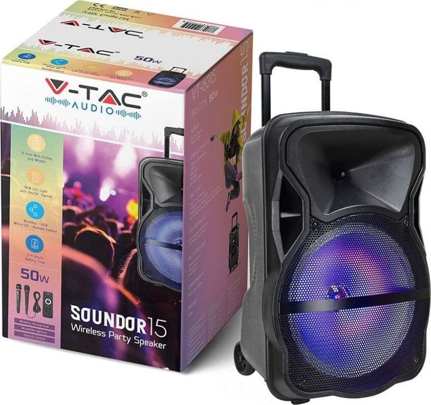 V-TAC AUDIO VT-6315 SOUNDOR 15 TROLLEY CASSA ATTIVA 50W CON BLUETOOTH KARAOKE LED RGB TELECOMANDO E MICROFONI - SKU 7738 Elettronica/Audio e video portatile/Accessori/Casse portatili e Docking Station con altoparlanti/Casse portatili Bluetooth Zencoccostore - Formia, Commerciovirtuoso.it