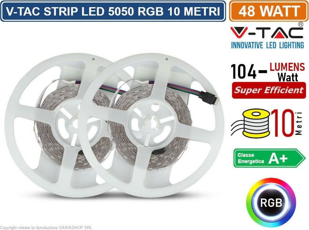 V-TAC VT-5050-300 KIT CON STRISCIA LED 5050 4,8W 12V MULTICOLORE RGB 10MT CONTROLLER E ALIMENTATORE - SKU 2630 Illuminazione/Strisce LED Zencoccostore - Formia, Commerciovirtuoso.it