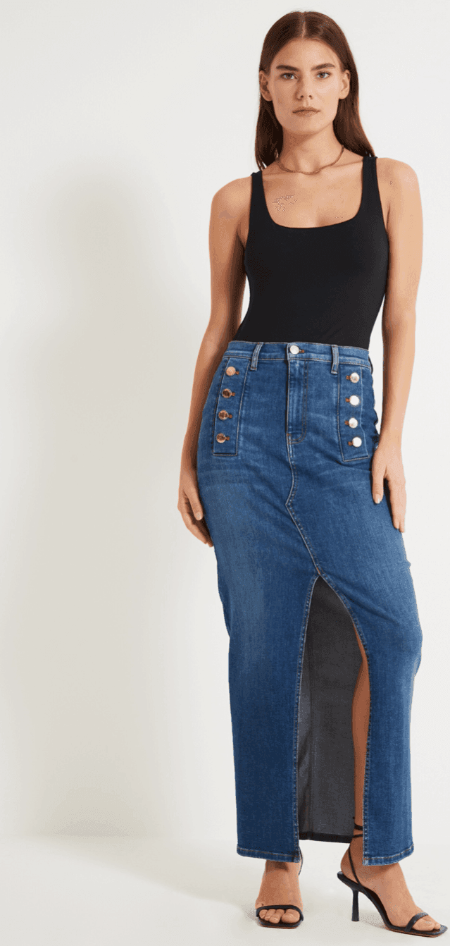 Vicolo-Gonna-Di-Jeans-Denim-Blu-Giusy-Lunga-Con-Bottoni-Oro-E-Zip