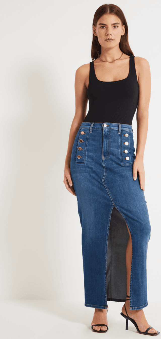 Vicolo-Gonna-Di-Jeans-Denim-Blu-Giusy-Lunga-Con-Bottoni-Oro-E-Zip
