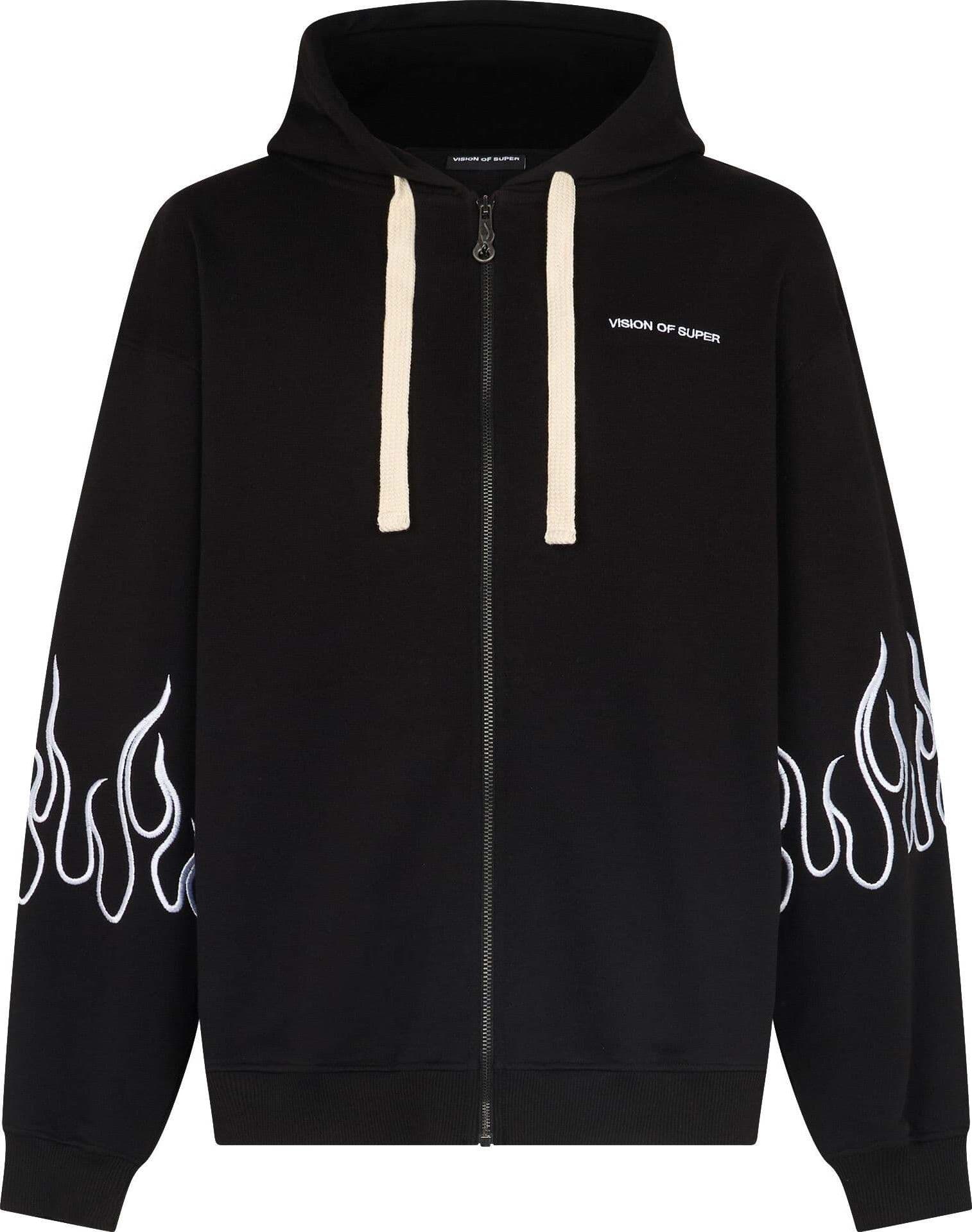 VISION-OF-SUPER-Felpa-Leggera-Cappuccio-Zip-Uomo-Embroidered-Flames-Open-Hoodie-Black/white-da-uomo
