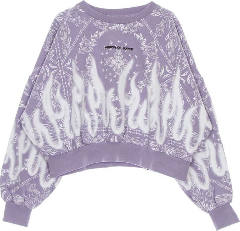 VISION-OF-SUPER-Felpa-Leggera-Girocollo-Corta-Donna-Crop-Hoodie-Spray-Flames-Lilac/white-da-donna