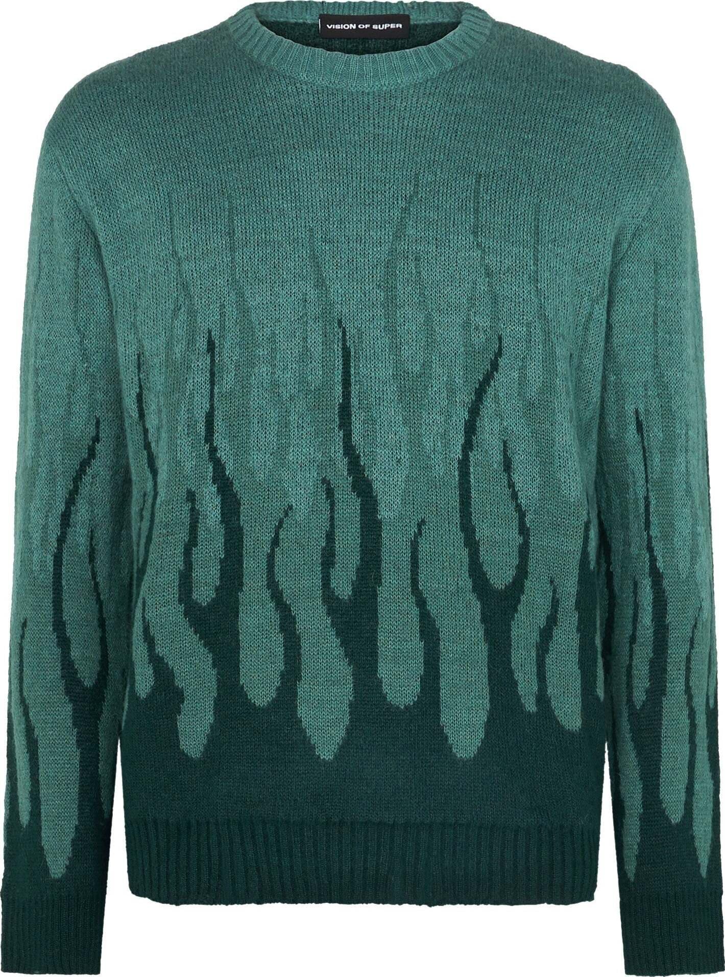 VISION-OF-SUPER-Maglione-Uomo-Jacquard-Flames-Jumper-Balsam-Green-da-uomo
