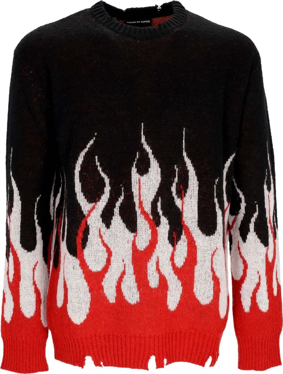 VISION-OF-SUPER-Maglione-Uomo-Jacquard-Flames-Jumper-Black/red/white-da-uomo