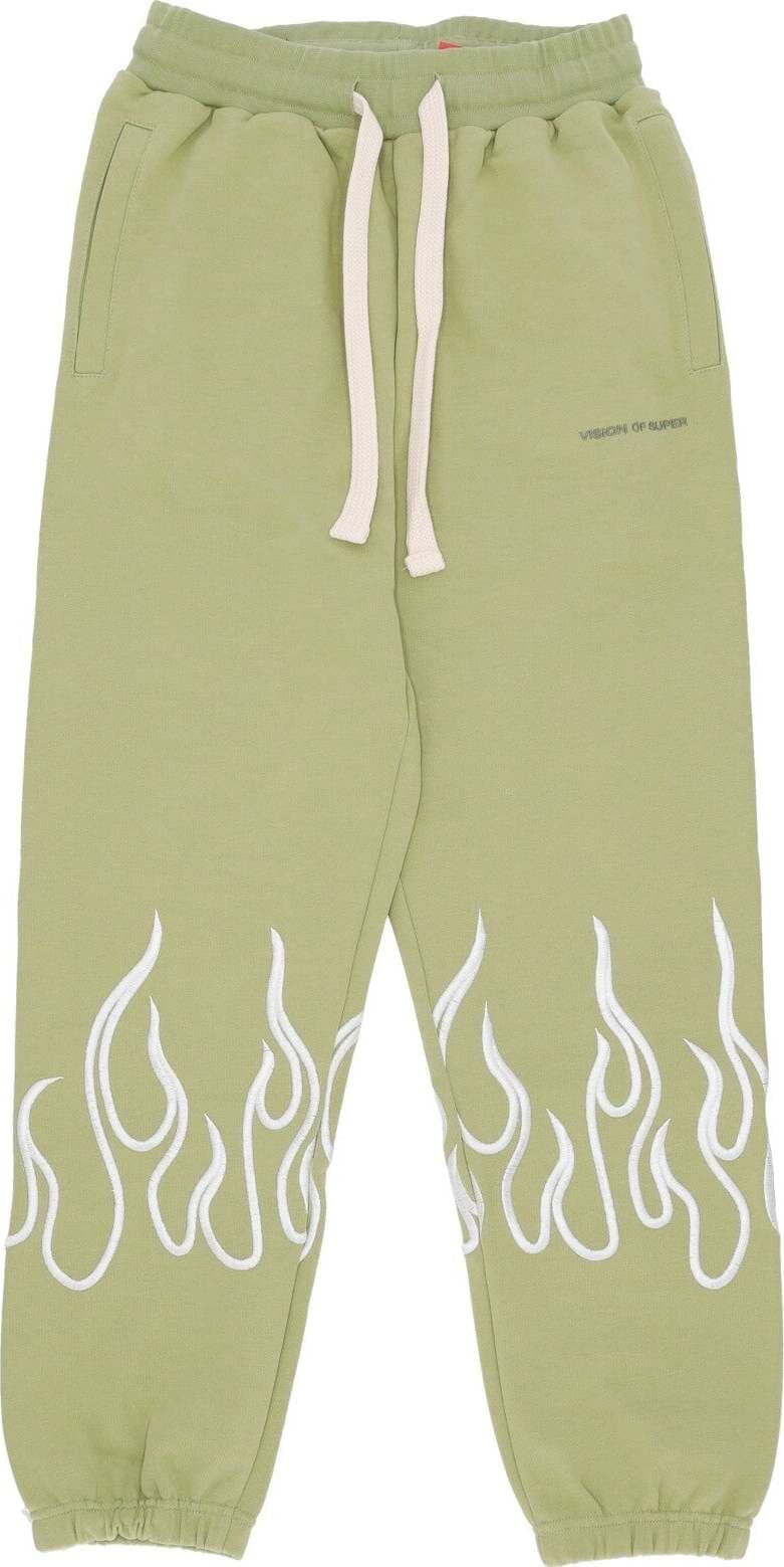 VISION-OF-SUPER-Pantalone-Tuta-Leggero-Uomo-Embroidery-Flame-Pants-Green-da-uomo