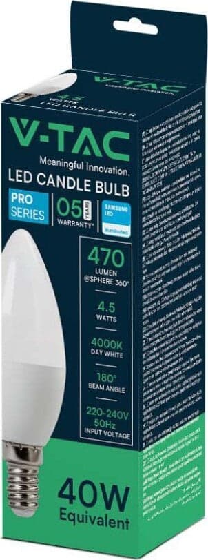 VT-226 LAMPADINA LED E14 4.5W CANDLE BULB C37 CANDELA SMD CHIP SAMSUNG