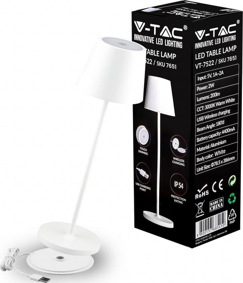 VT-7522 V-TAC Lampada LED da Tavolo 2W Colore Bianco in Alluminio con caricatore Wireless e Touch Dimmerabile 3000K IP54 Illuminazione/Illuminazione per interni/Lampade/Lampade da tavolo e abat-jour Zencoccostore - Formia, Commerciovirtuoso.it
