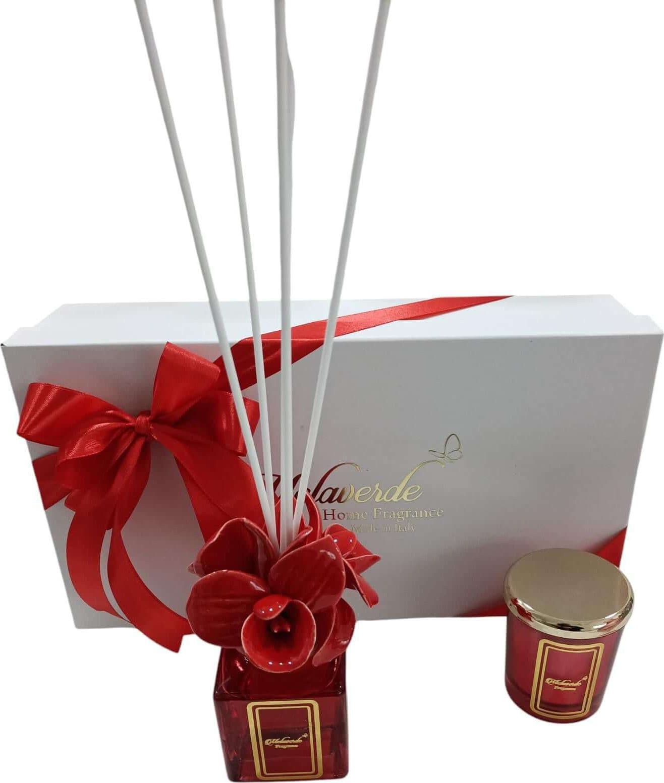 Kit Candela e Profumatore Orchidea Rosso Melaverde – Bomboniera Made in Italy in Candele in vasetto The King Luxury - San Marcellino, commercioVirtuoso.it
