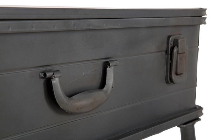 Panca in ferro e legno con contenitore color grigio per interni