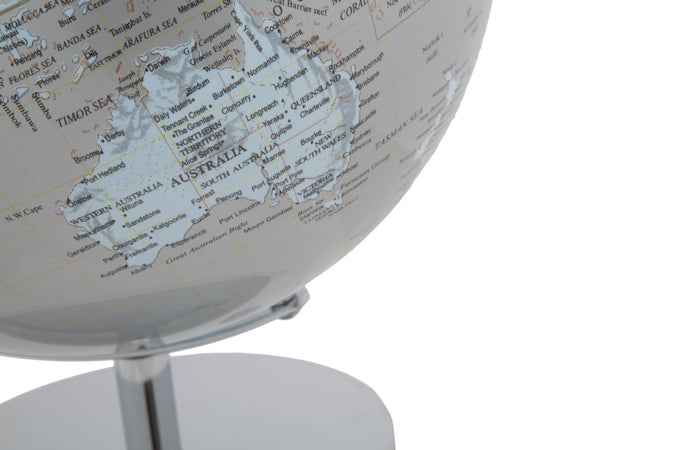 Mappamondo girevole chiaro con base in metallo per decorazione interni h 34 cm