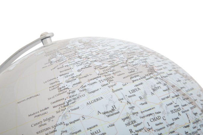 Mappamondo girevole chiaro con base in metallo per decorazione interni h 34 cm