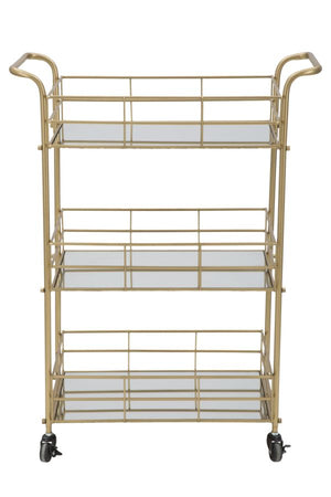 Carrello con ruote struttura in ferro color oro con 3 ripiani in specchio