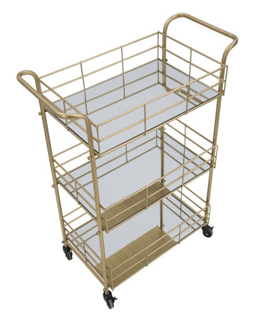 Carrello con ruote struttura in ferro color oro con 3 ripiani in specchio