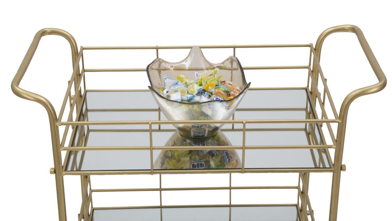 Carrello con ruote struttura in ferro color oro con 3 ripiani in specchio
