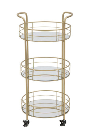 Carrello con ruote struttura in ferro color oro con 3 ripiani in specchio