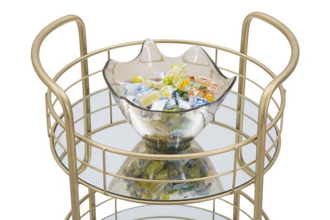 Carrello con ruote struttura in ferro color oro con 3 ripiani in specchio