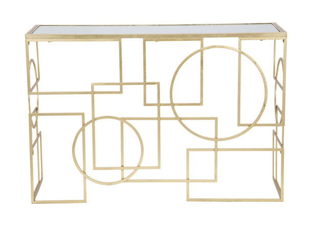 Console "Marie" con struttura in ferro color oro e vetro per interni