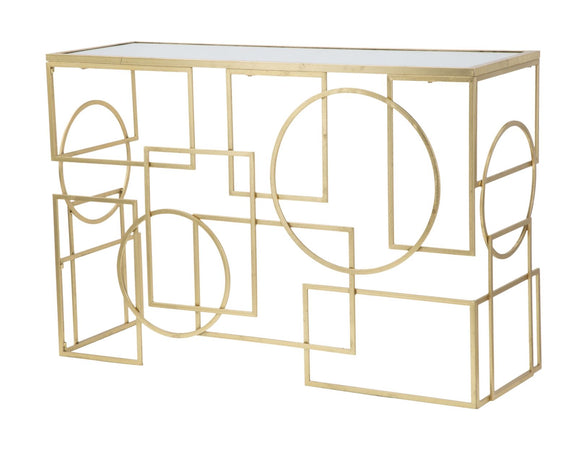 Console "Marie" con struttura in ferro color oro e vetro per interni
