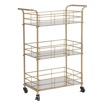 Carrello con ruote struttura in ferro color oro con 3 ripiani in specchio