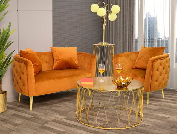 Tavolinetto porta telefono rotondo struttura in ferro color oro per interni