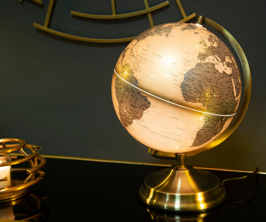 Mappamondo girevole con luce base in metallo per decorazione interni h 38 cm