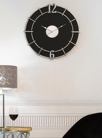 Orologio da parete in legno MDF e ferro color nero e argento per salotto e cucina