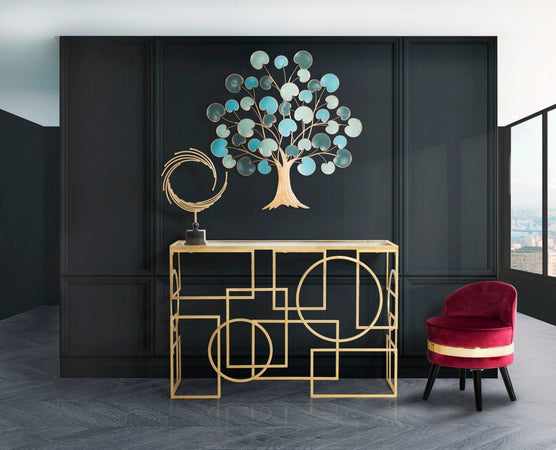 Console "Marie" con struttura in ferro color oro e vetro per interni