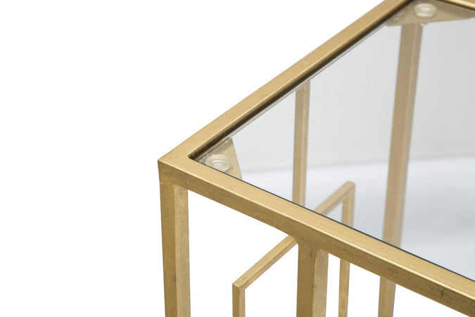 Tavolinetto da divano struttura in metallo color oro e vetro per interni