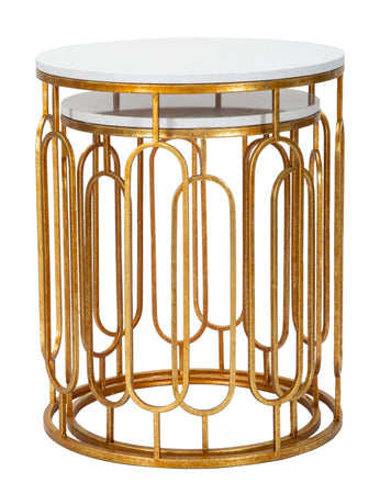 Tavolinetti coppia in metallo color oro ripiano in marmo per interni set da 2