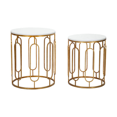 Tavolinetti coppia in metallo color oro ripiano in marmo per interni set da 2