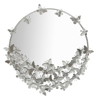 Specchio da parete con farfalle in ferro color argento per bagni e camere da letto