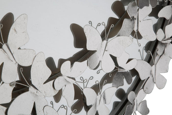 Specchio da parete con farfalle in ferro color argento per bagni e camere da letto