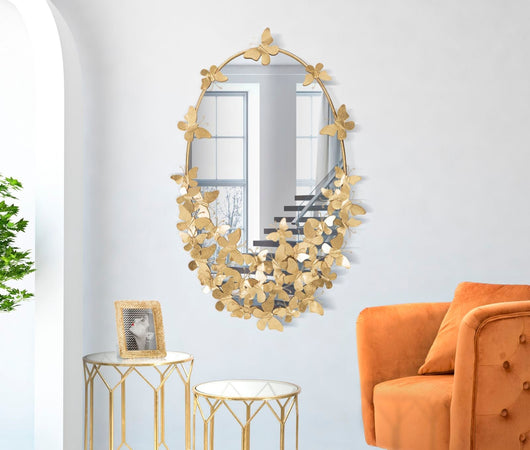 Specchio da parete farfalle in ferro color oro per bagni e camere da letto